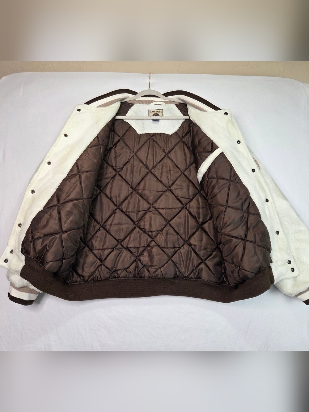 Raw Blue Classics Varsity Jacket 2XL Faux Fur Sherpa Bomber Y2K Basketball Patch - Picture 7 of 13